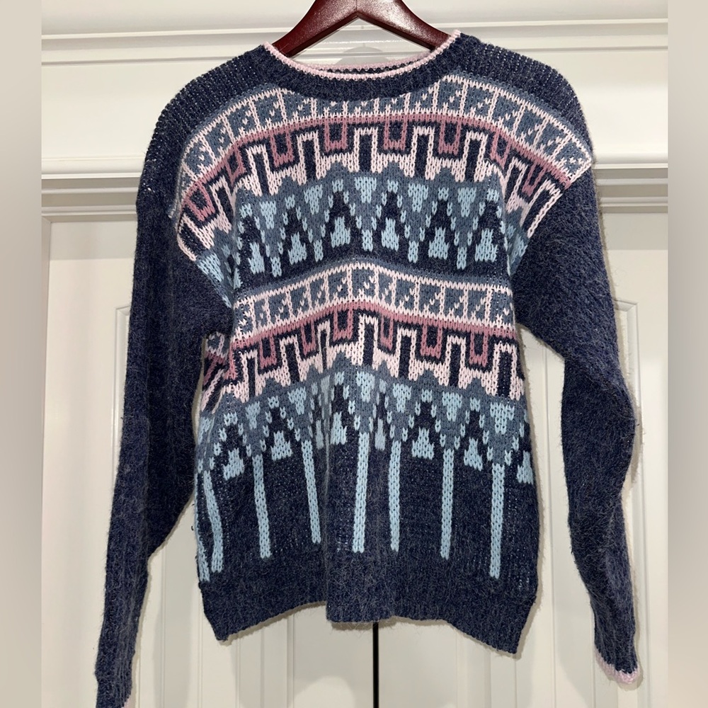 90s Paris Sport Club Sweater | Blue Pink Geometric | Soft + Chunky Knit Medium